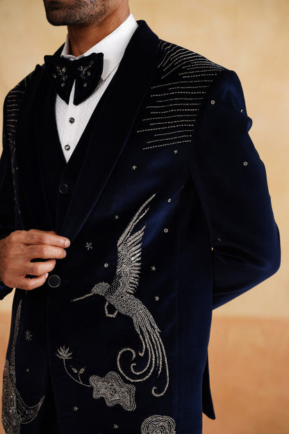 Midnight Blue Velvet Tuxedo with Silver Bird & Star Embroidery
