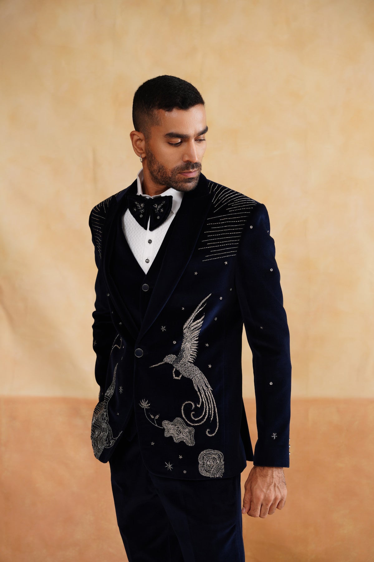 Midnight Blue Velvet Tuxedo with Silver Bird & Star Embroidery