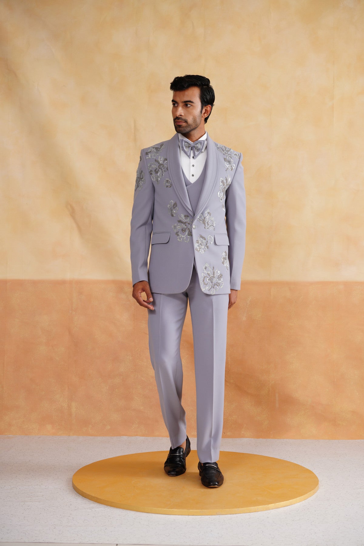 Light Grey Tuxedo Suit with Silver Beads Embroidery & Pleated Shawl Lapel