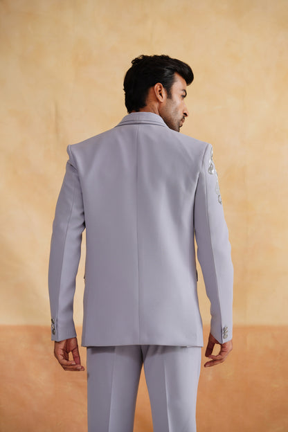 Light Grey Tuxedo Suit with Silver Beads Embroidery & Pleated Shawl Lapel