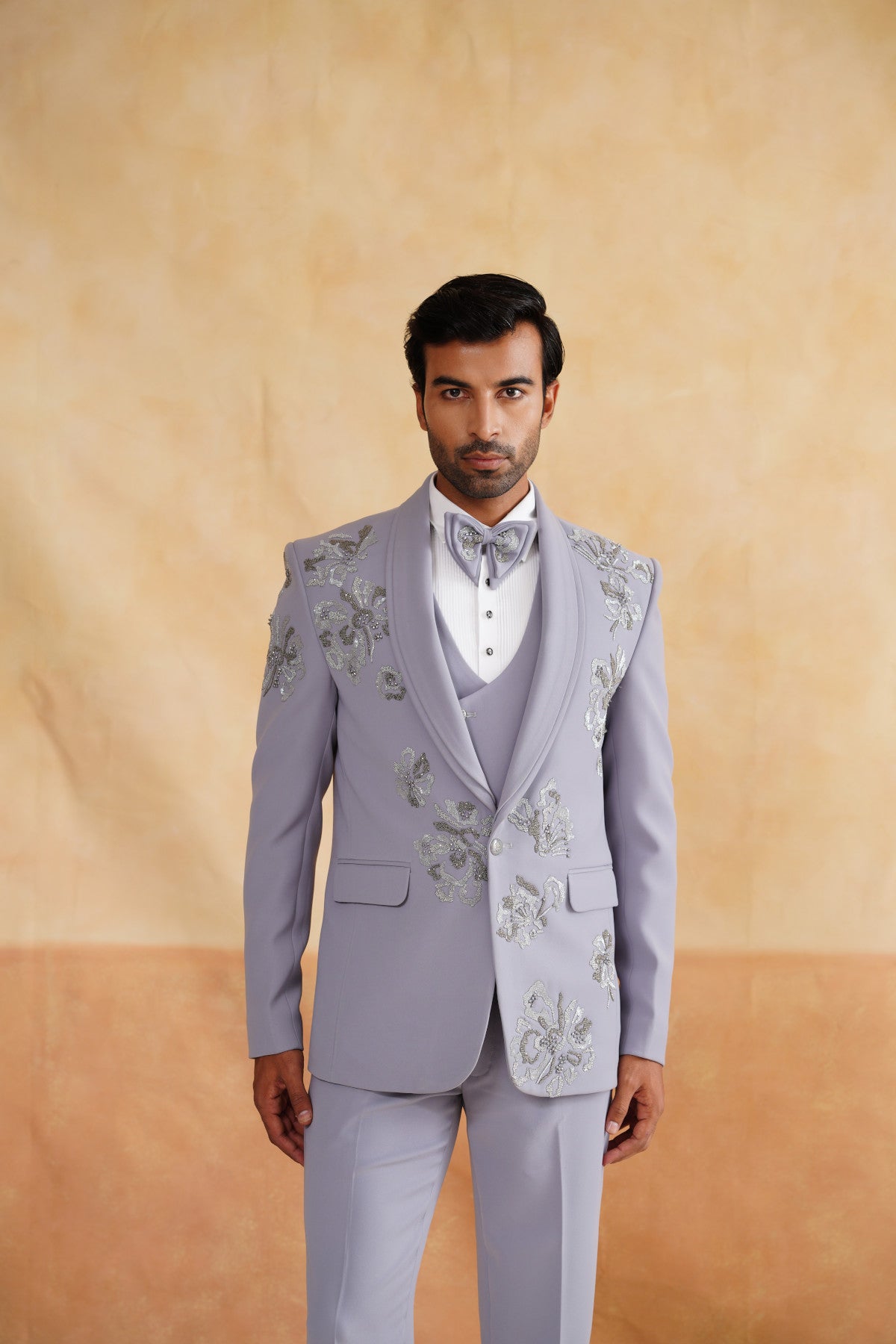 Light Grey Tuxedo Suit with Silver Beads Embroidery & Pleated Shawl Lapel