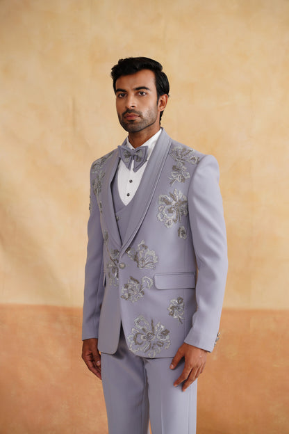 Light Grey Tuxedo Suit with Silver Beads Embroidery & Pleated Shawl Lapel