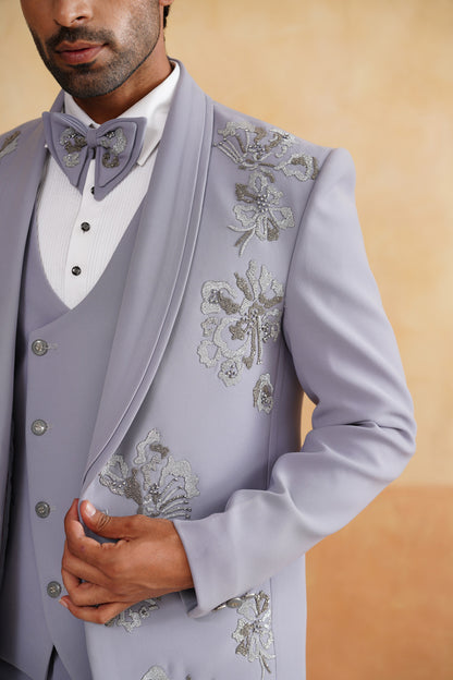 Light Grey Tuxedo Suit with Silver Beads Embroidery & Pleated Shawl Lapel