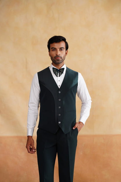 Bottle Green Tuxedo Suit with Gold Bird Flight Embroidery & Stardust Hem
