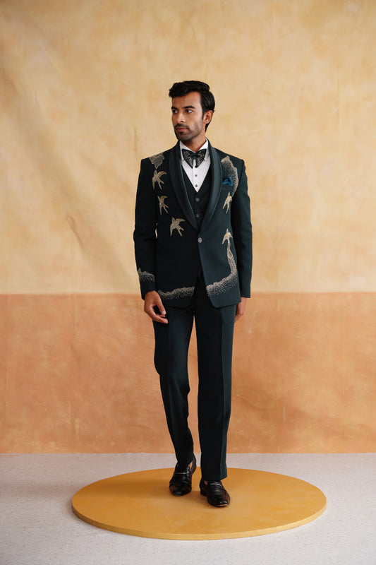 Bottle Green Tuxedo Suit with Gold Bird Flight Embroidery & Stardust Hem