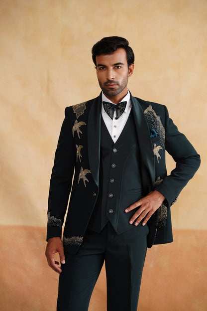 Bottle Green Tuxedo Suit with Gold Bird Flight Embroidery & Stardust Hem