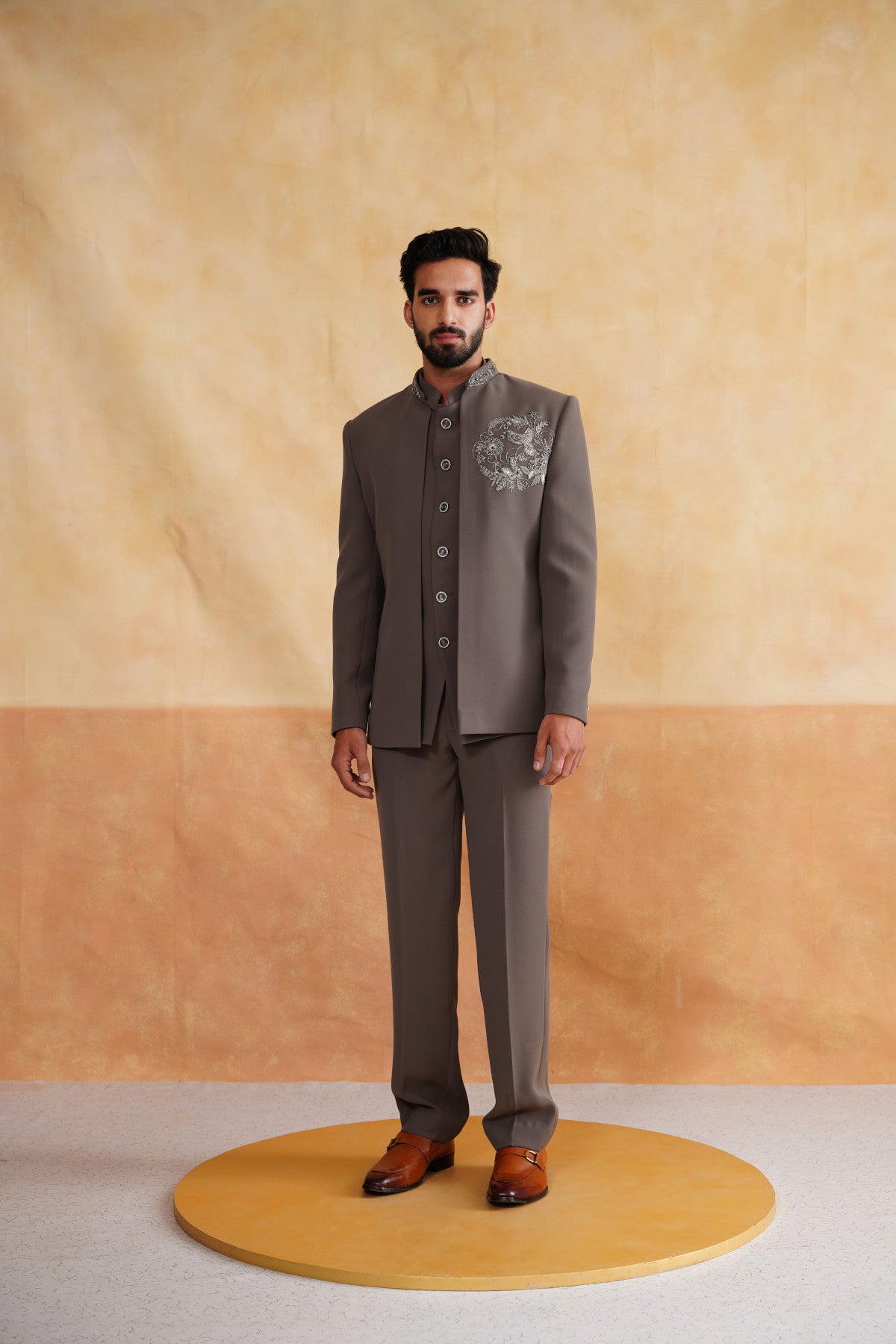 Taupe Grey Front-Open Indowestern with Silver Bird Chest Embroidery