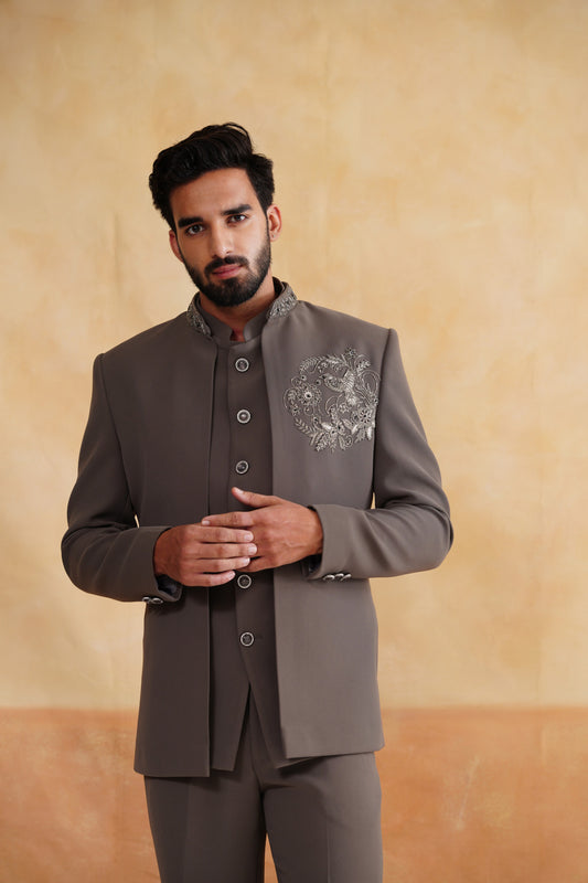 Taupe Grey Front-Open Indowestern with Silver Bird Chest Embroidery