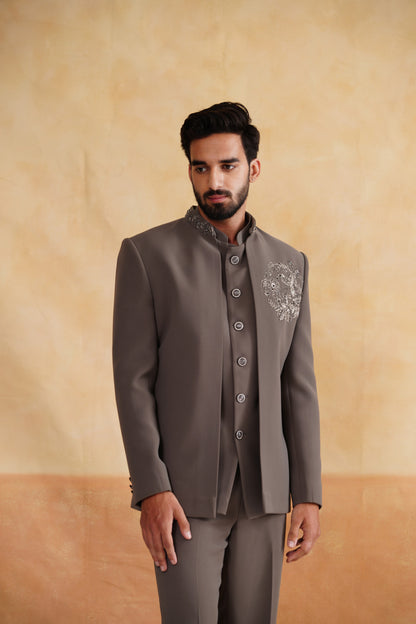 Taupe Grey Front-Open Indowestern with Silver Bird Chest Embroidery