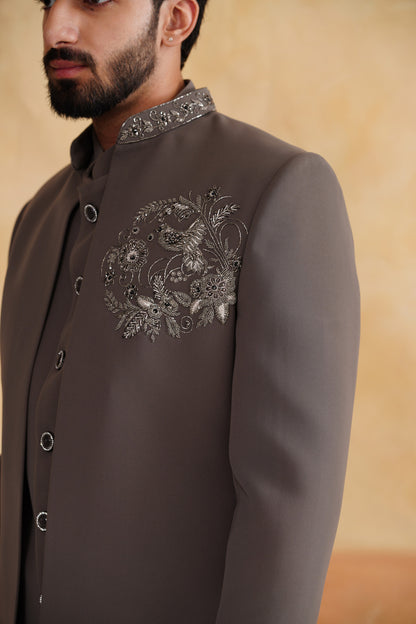 Taupe Grey Front-Open Indowestern with Silver Bird Chest Embroidery