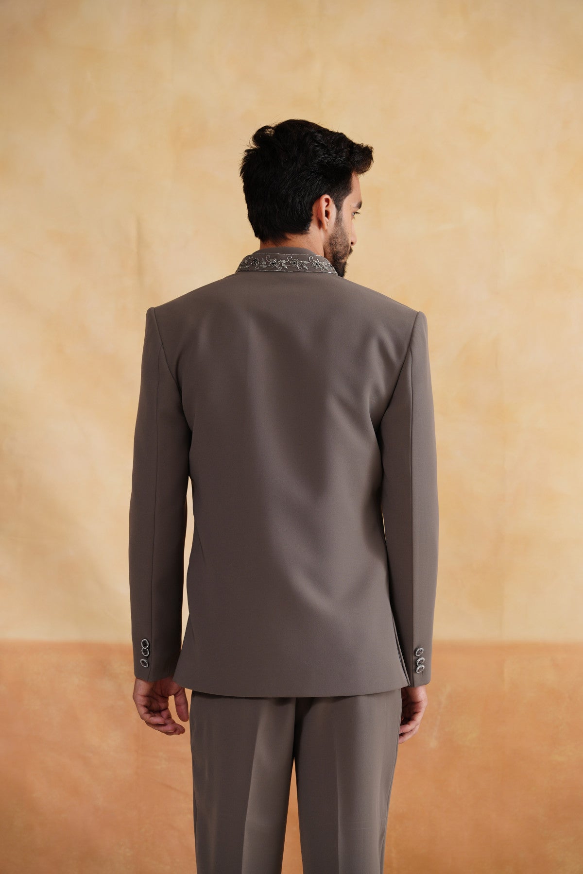Taupe Grey Front-Open Indowestern with Silver Bird Chest Embroidery