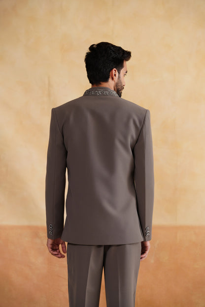 Taupe Grey Front-Open Indowestern with Silver Bird Chest Embroidery