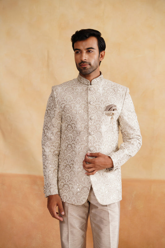 Champagne Beige Bandhgala Suit with All-Over Scalloped Sequin Embroidery