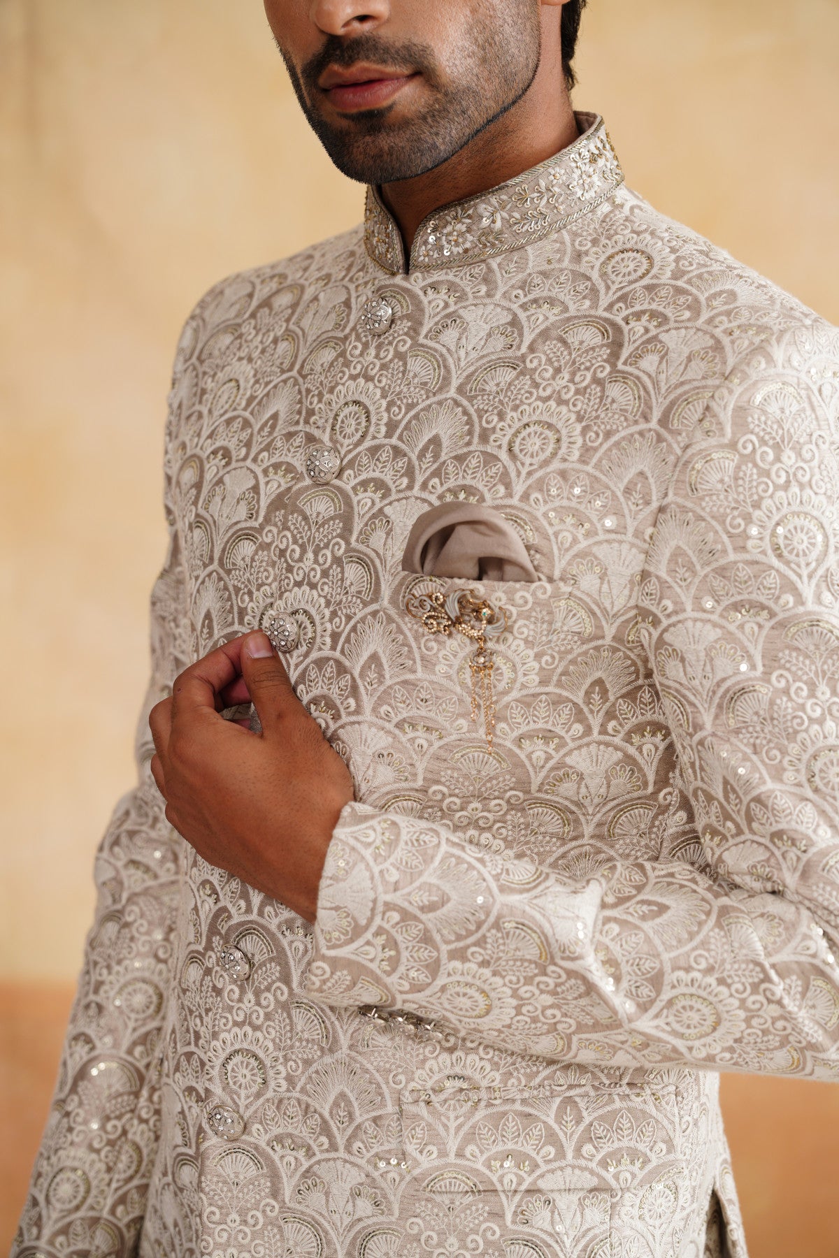 Beige sequin embroidery suit shop