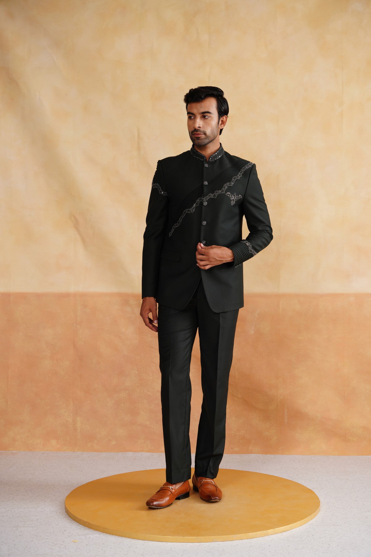 Grey Bandhgala Suit with  Pintex Detailing & Crystal Slash Embroidery