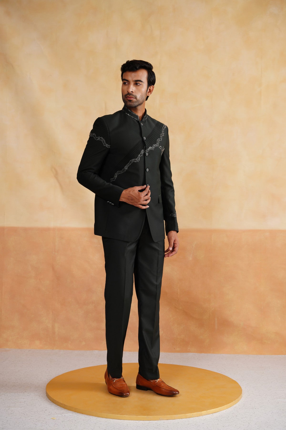 Grey Bandhgala Suit with  Pintex Detailing & Crystal Slash Embroidery