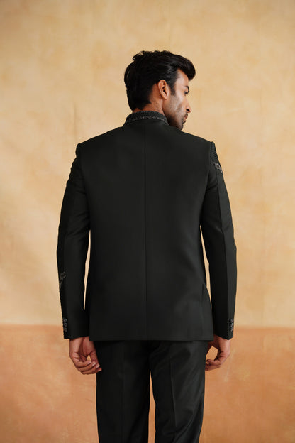 Grey Bandhgala Suit with  Pintex Detailing & Crystal Slash Embroidery