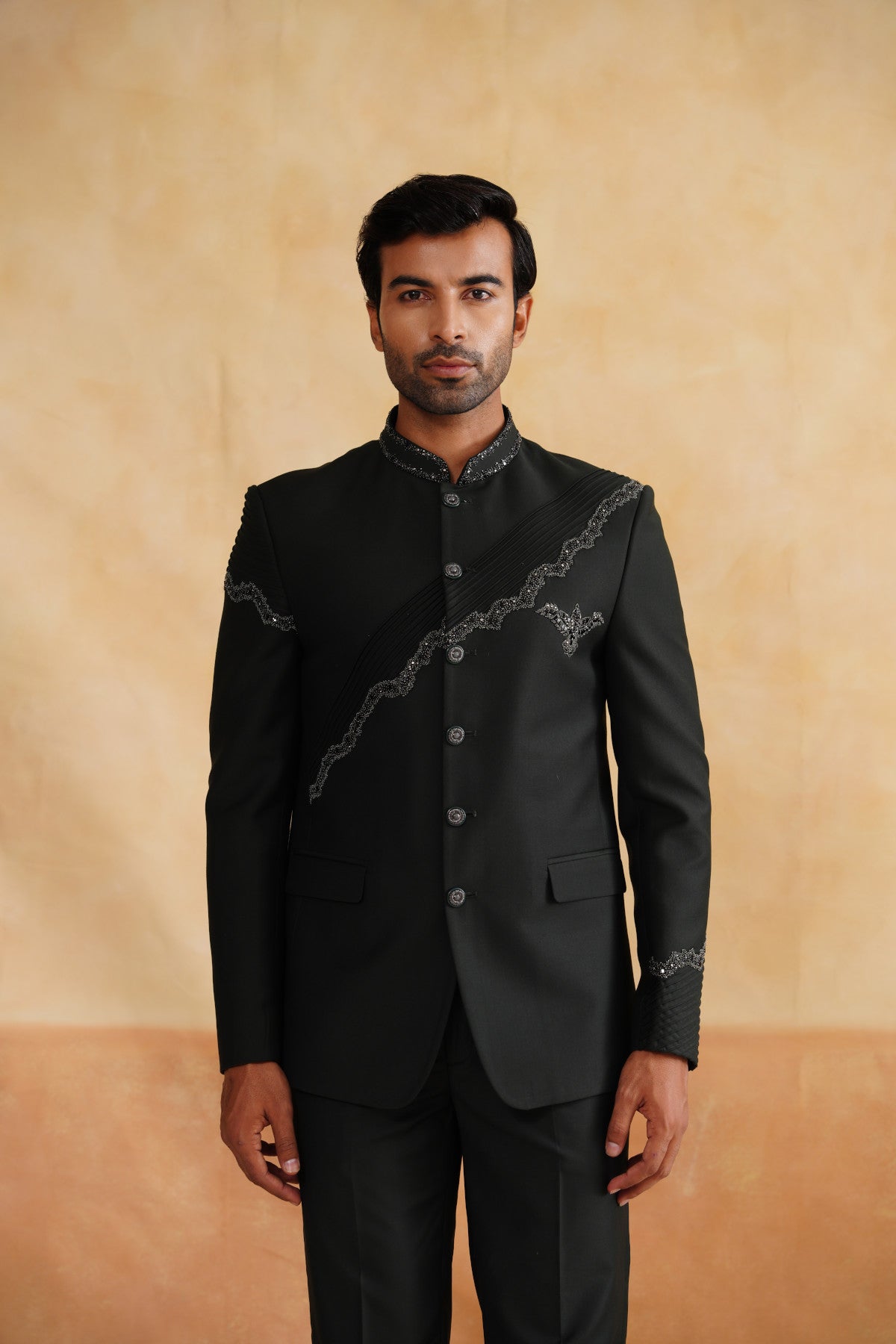 Grey Bandhgala Suit with  Pintex Detailing & Crystal Slash Embroidery