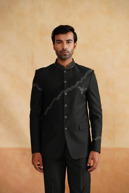 Grey Bandhgala Suit with  Pintex Detailing & Crystal Slash Embroidery