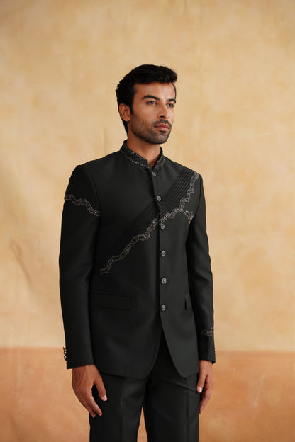 Grey Bandhgala Suit with  Pintex Detailing & Crystal Slash Embroidery