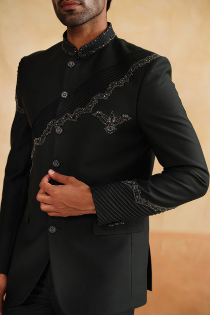 Grey Bandhgala Suit with  Pintex Detailing & Crystal Slash Embroidery