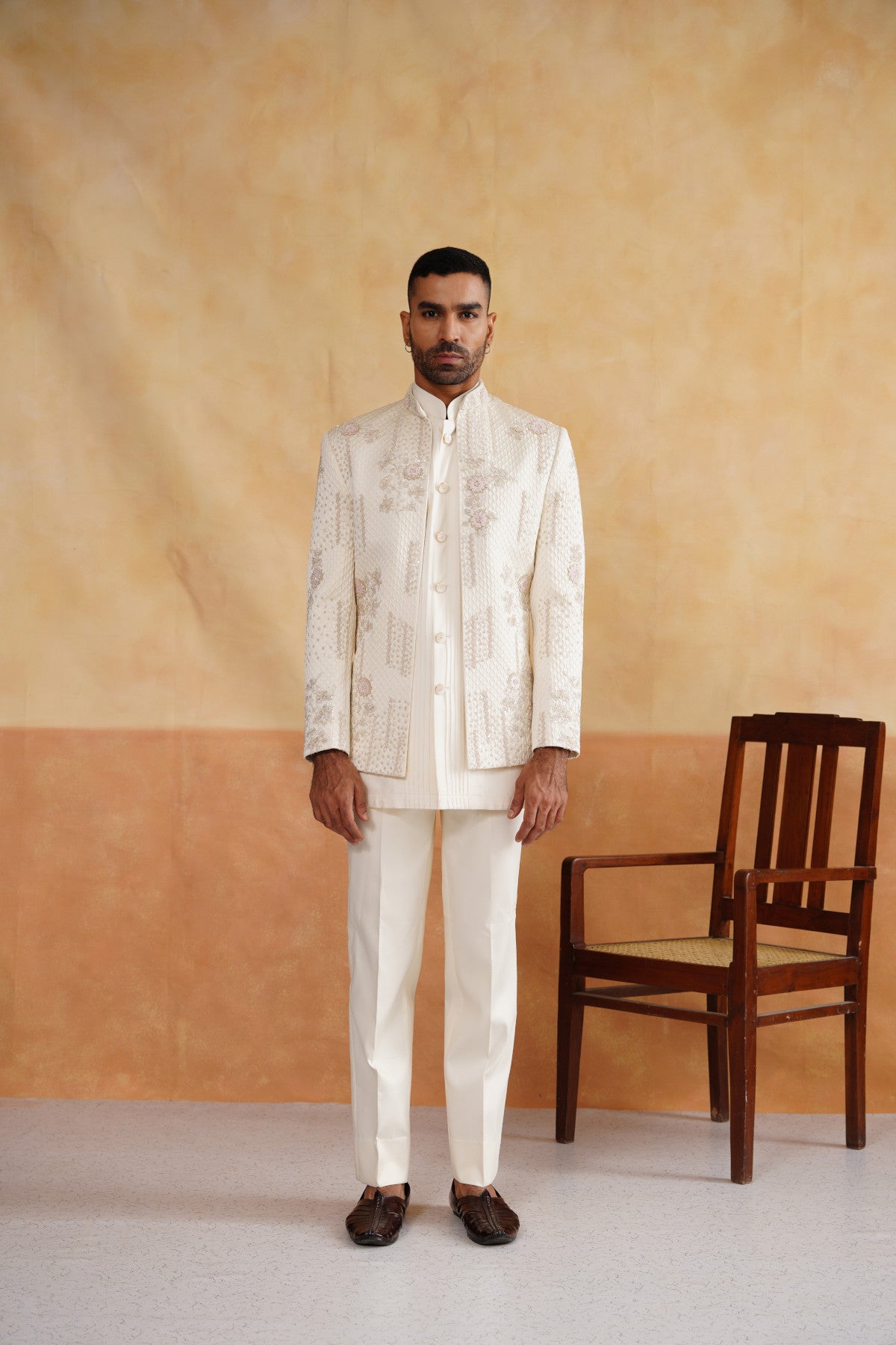 Off White Indowestern with Cutdana and Sequins Hand Work on Silk