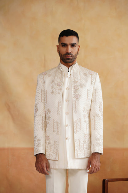 Off White Indowestern with Cutdana and Sequins Hand Work on Silk