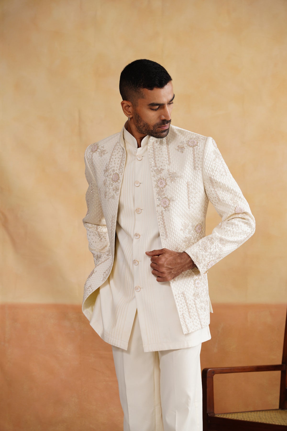 Off White Indowestern with Cutdana and Sequins Hand Work on Silk