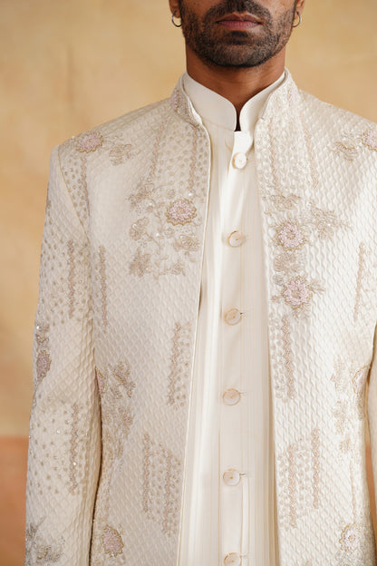 Off White Indowestern with Cutdana and Sequins Hand Work on Silk