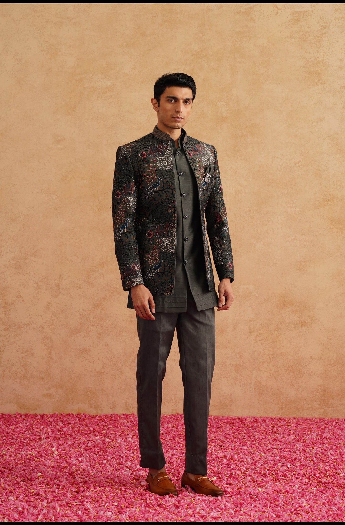 Charcoal Grey Short Indowestern Embroidered With Thread And Sequins On Silk