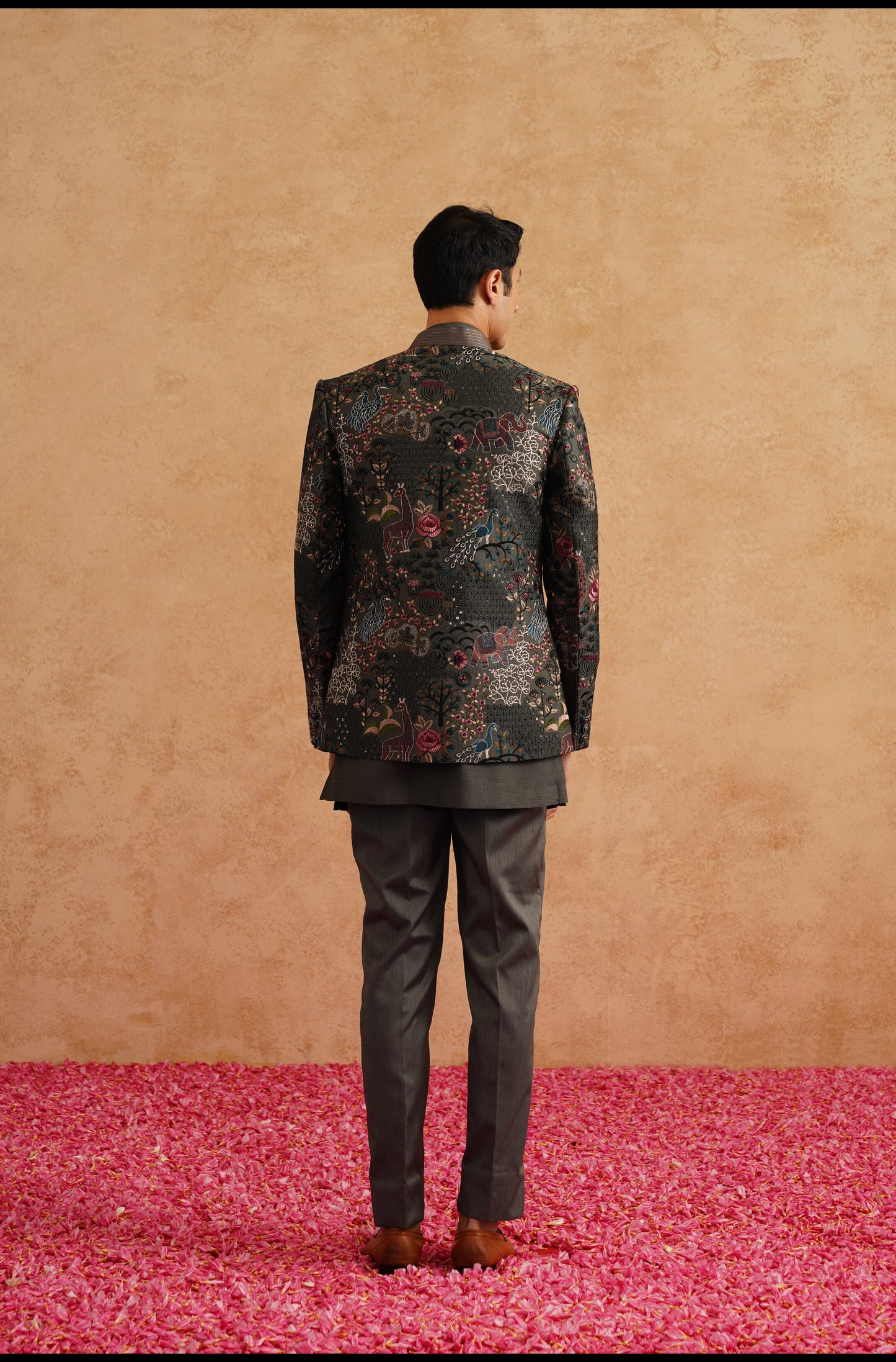 Charcoal Grey Short Indowestern Embroidered With Thread And Sequins On Silk