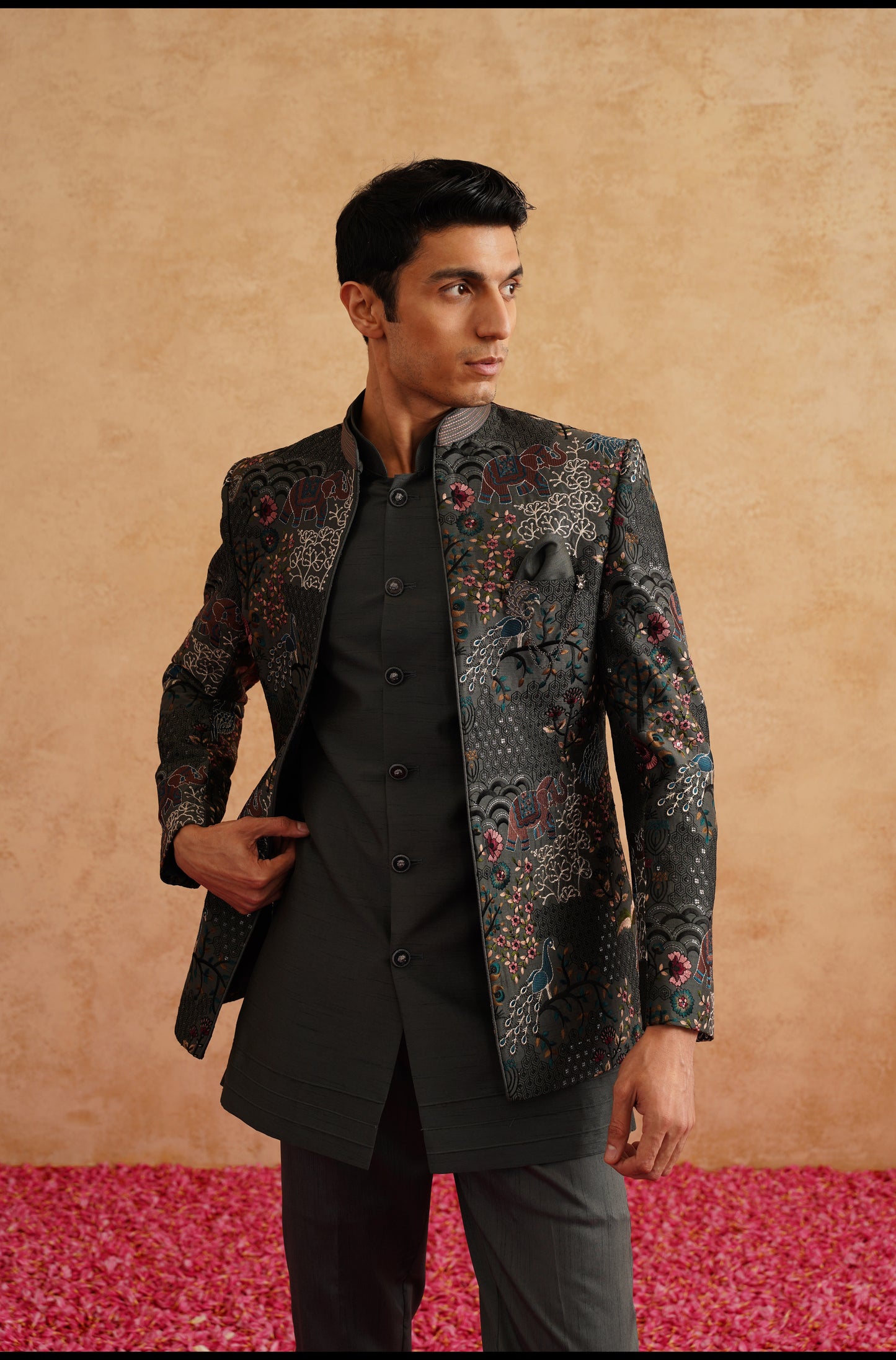 Charcoal Grey Short Indowestern Embroidered With Thread And Sequins On Silk