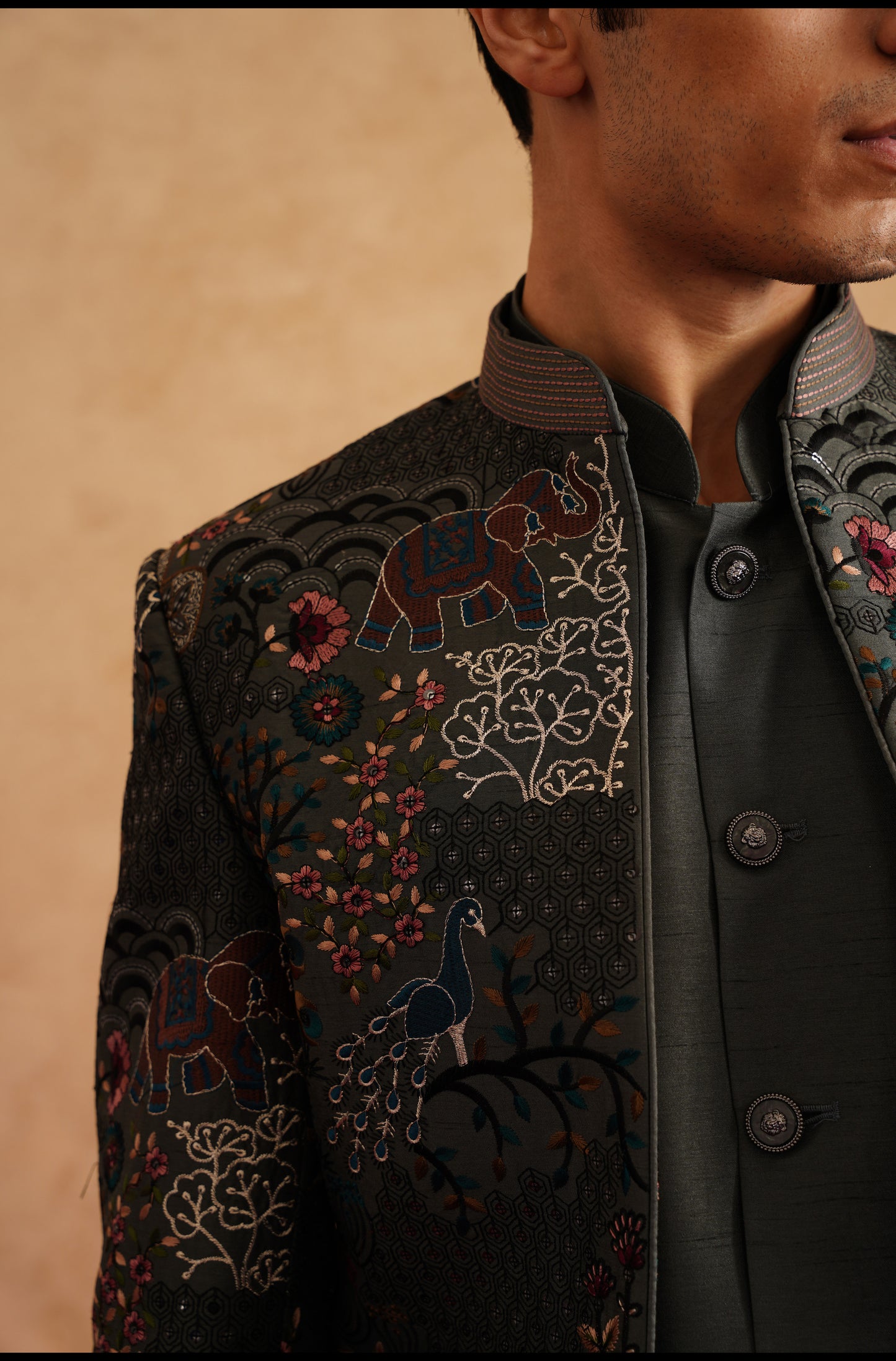 Charcoal Grey Short Indowestern Embroidered With Thread And Sequins On Silk
