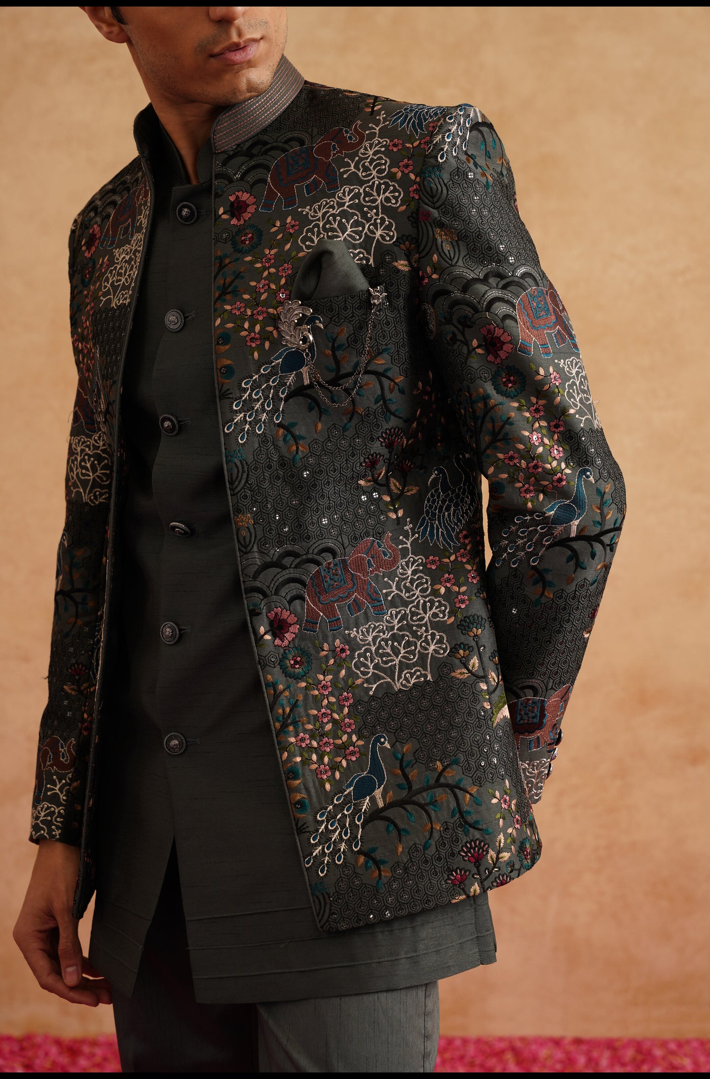 Charcoal Grey Short Indowestern Embroidered With Thread And Sequins On Silk