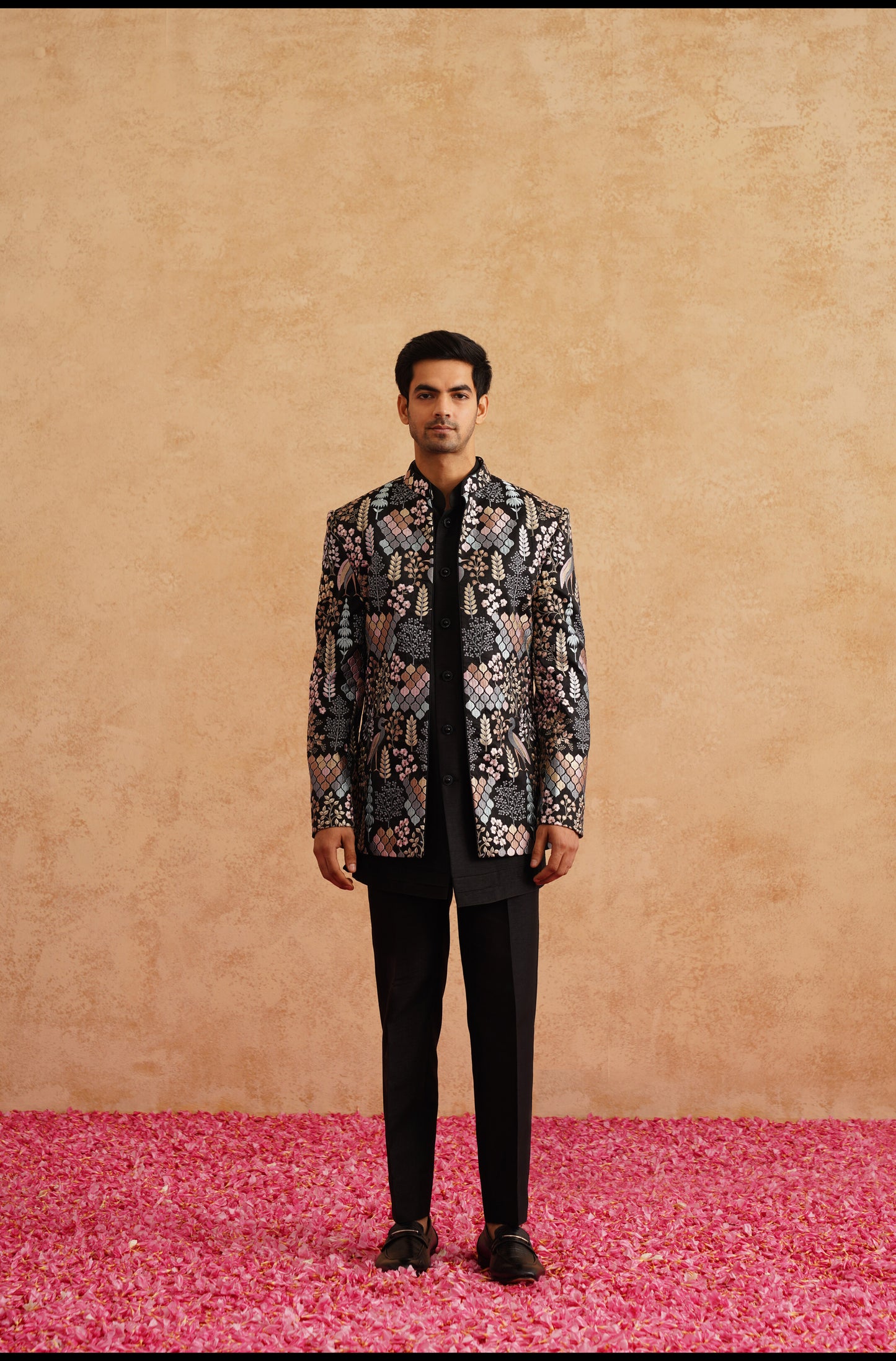 Black Short Indowestern Embroidered With Multi Color Thread On Silk