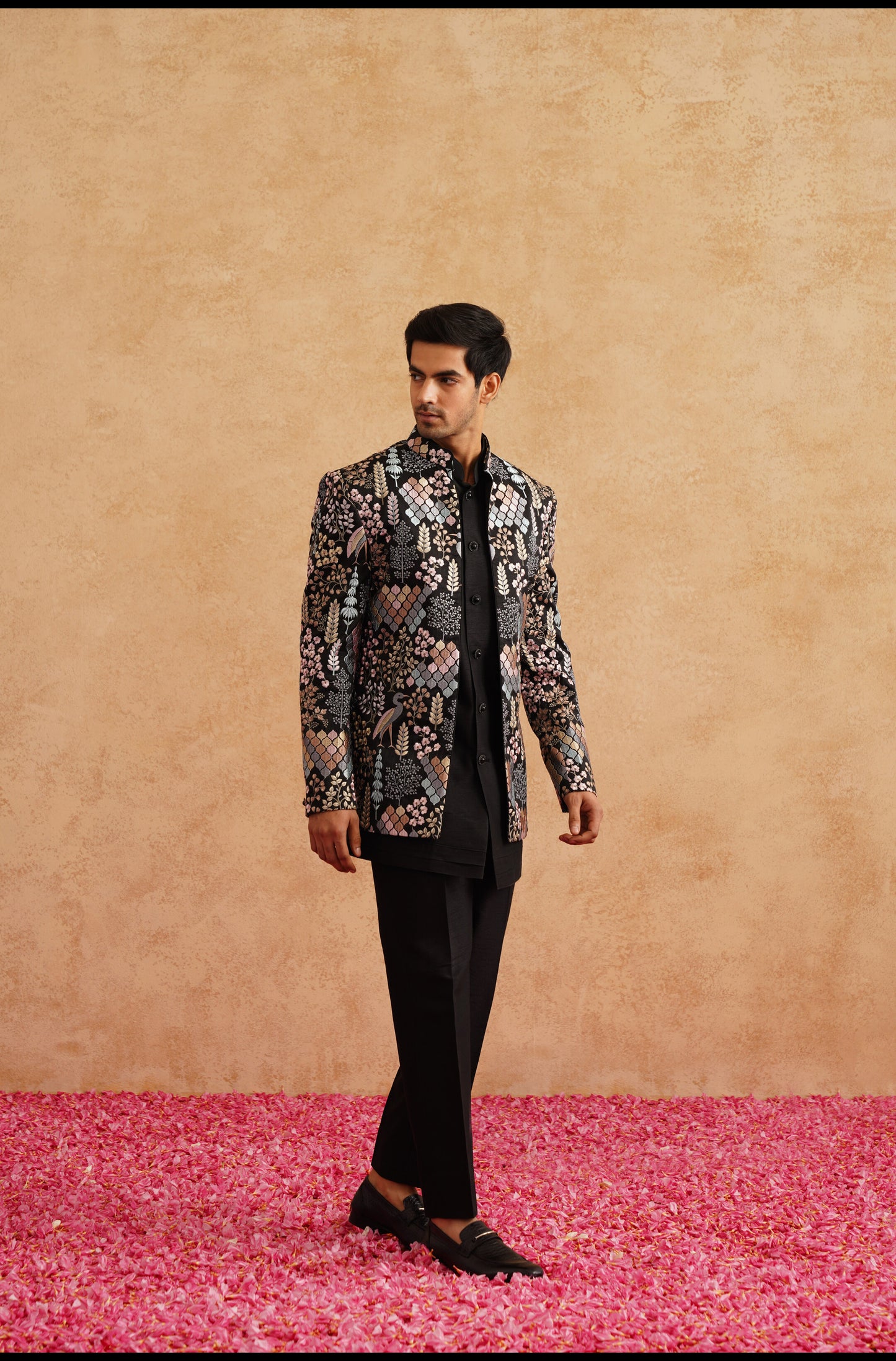Black Short Indowestern Embroidered With Multi Color Thread On Silk