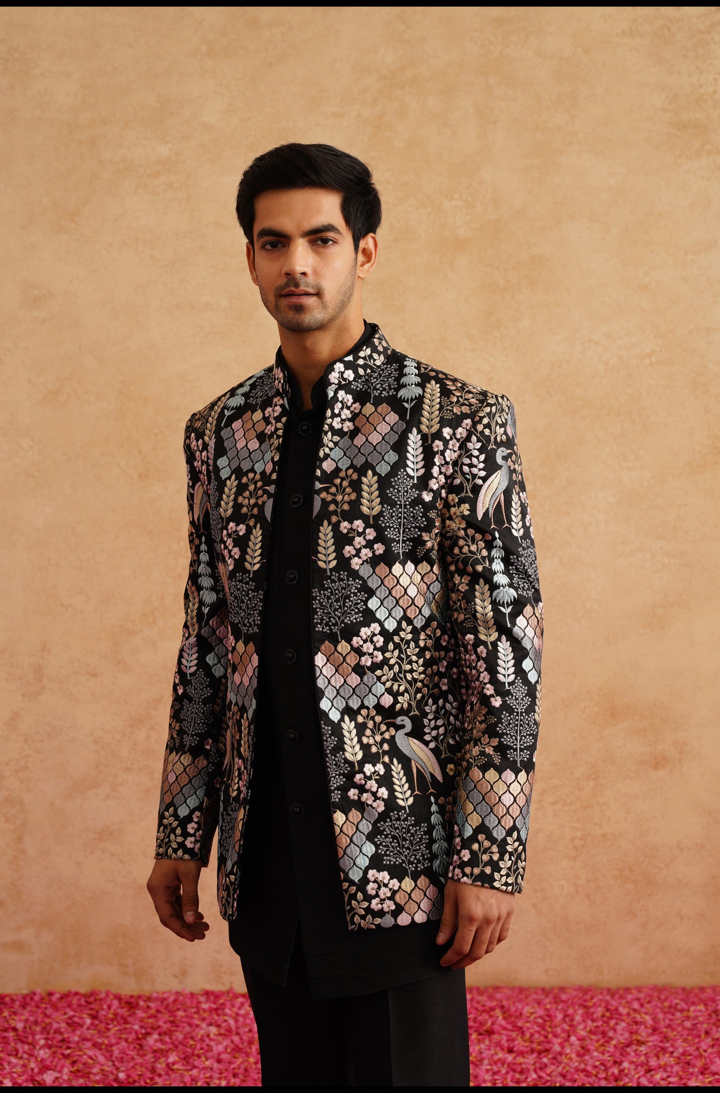 Black Short Indowestern Embroidered With Multi Color Thread On Silk