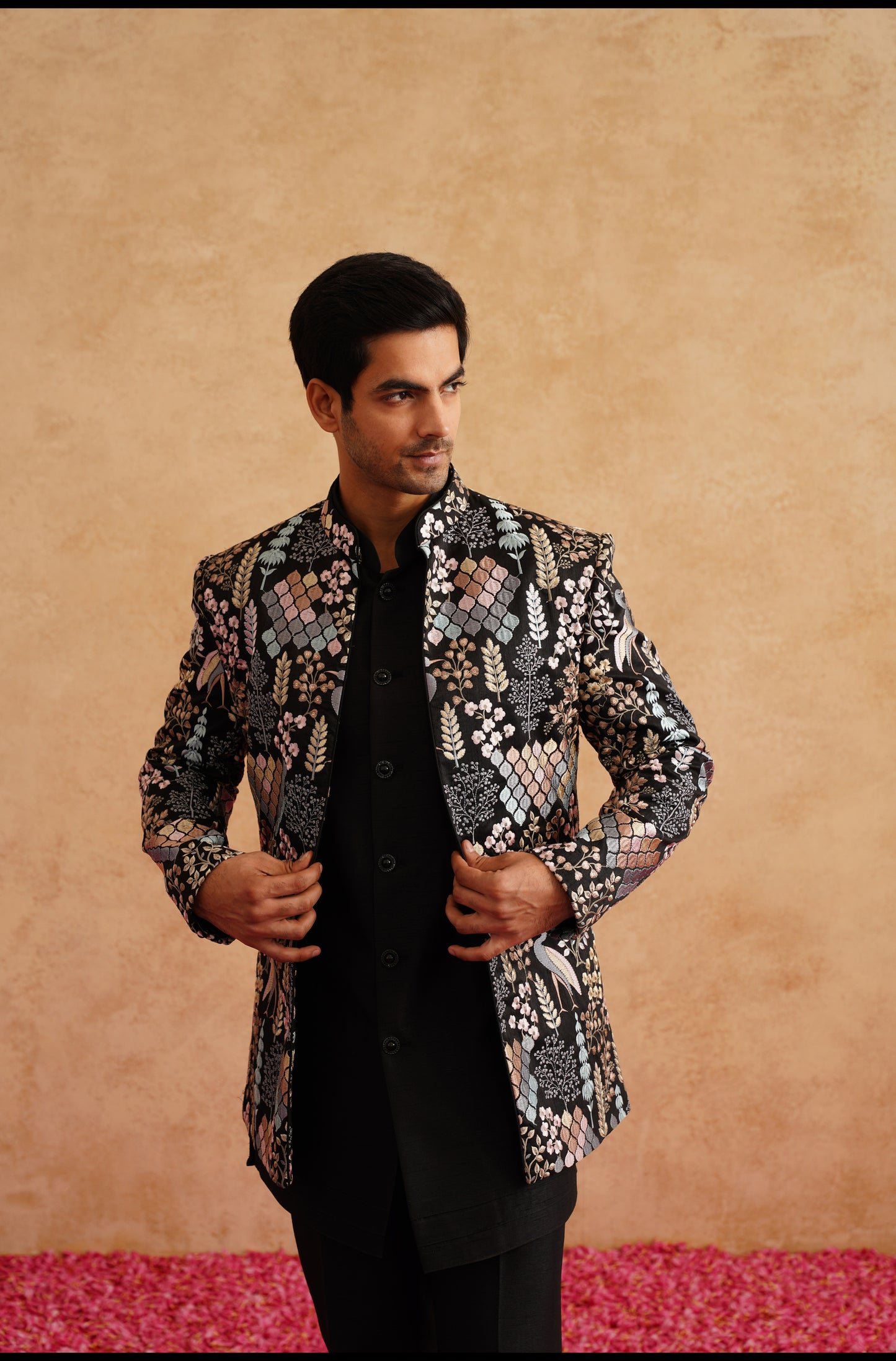 Black Short Indowestern Embroidered With Multi Color Thread On Silk
