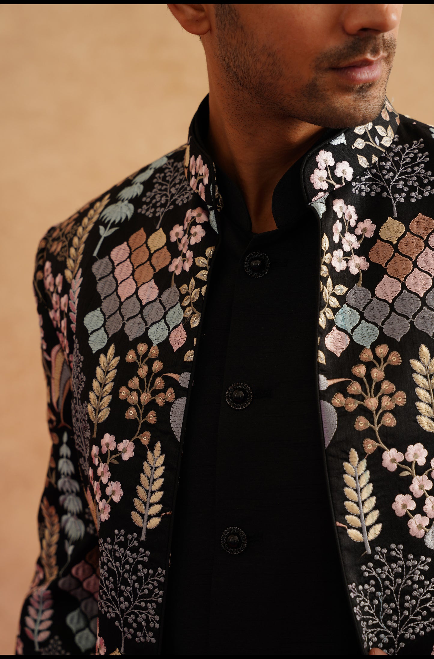 Black Short Indowestern Embroidered With Multi Color Thread On Silk