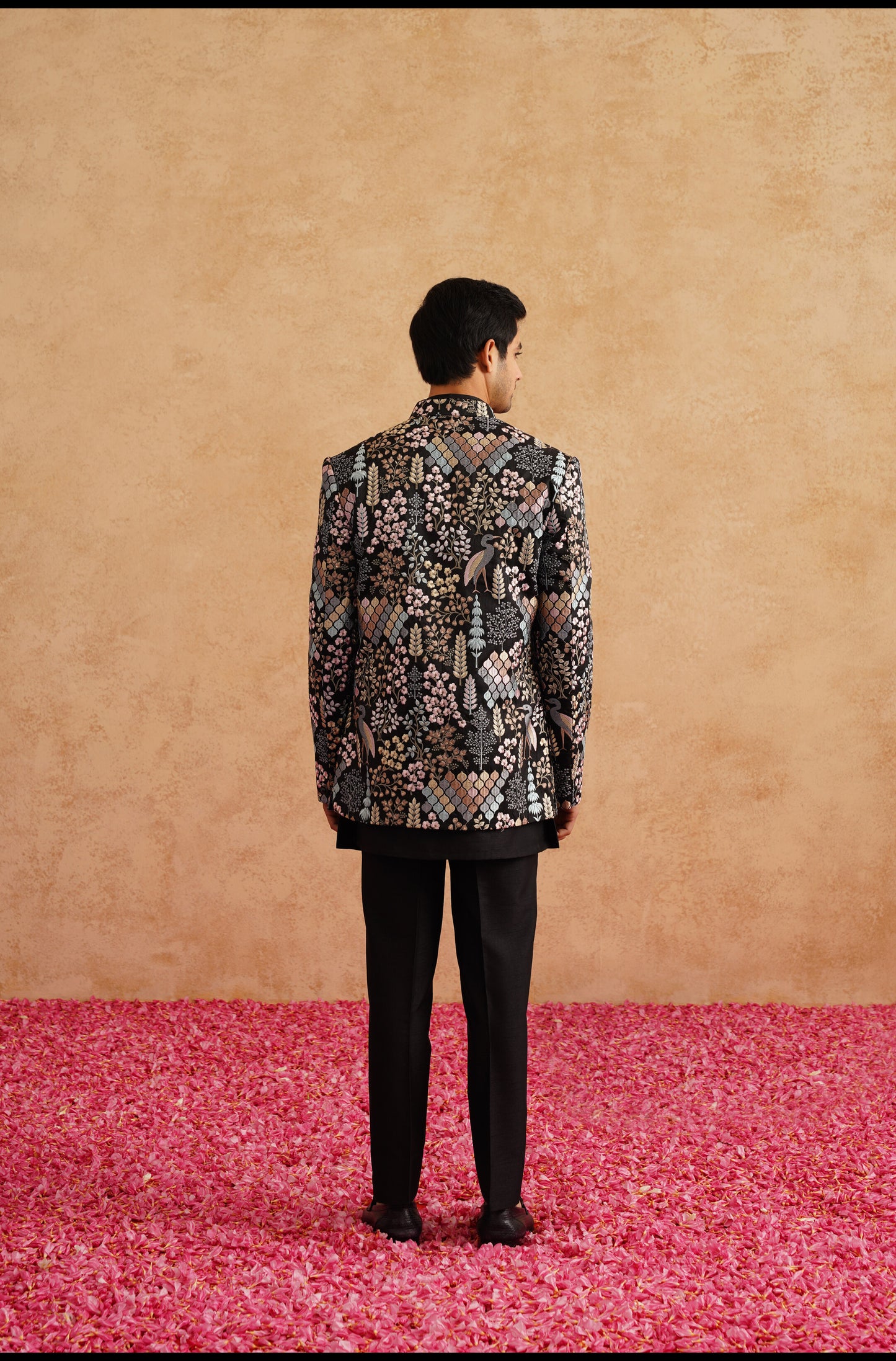 Black Short Indowestern Embroidered With Multi Color Thread On Silk