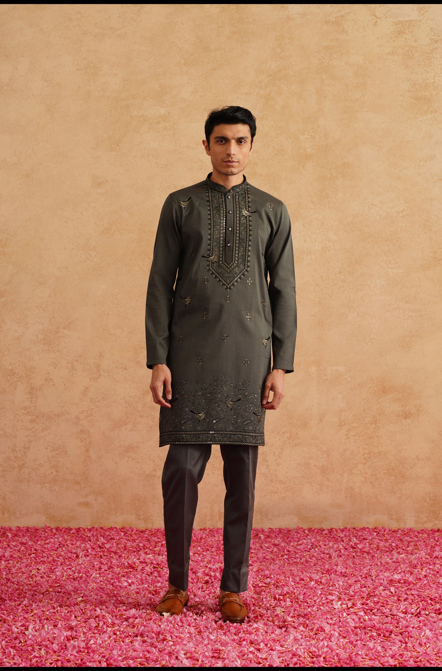 Charcol Grey Indowestern With Thread And Sequins Embroidery On Silk
