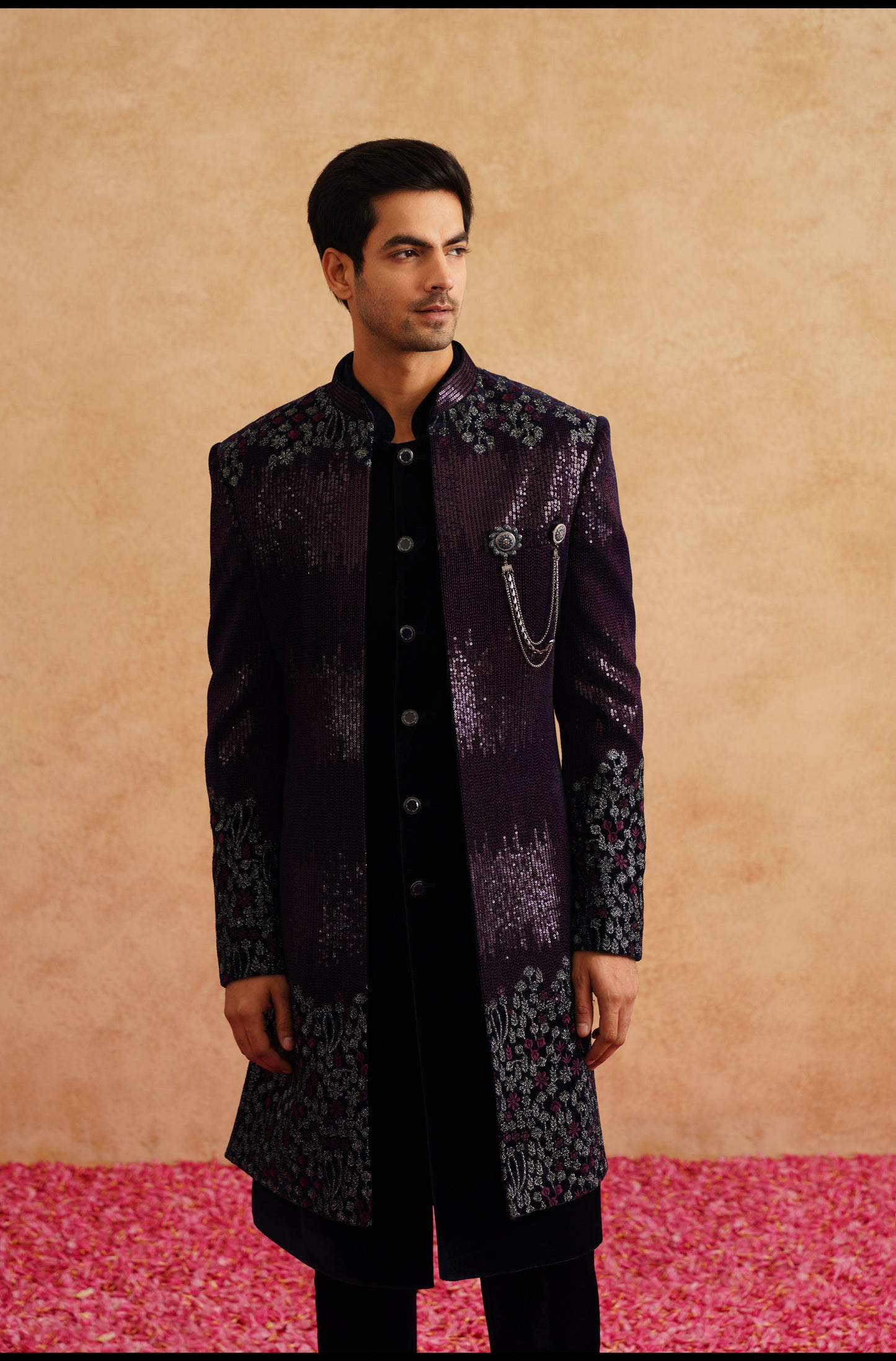 Purple Indowestern With Thread And Sequins Embroidery On Velvet