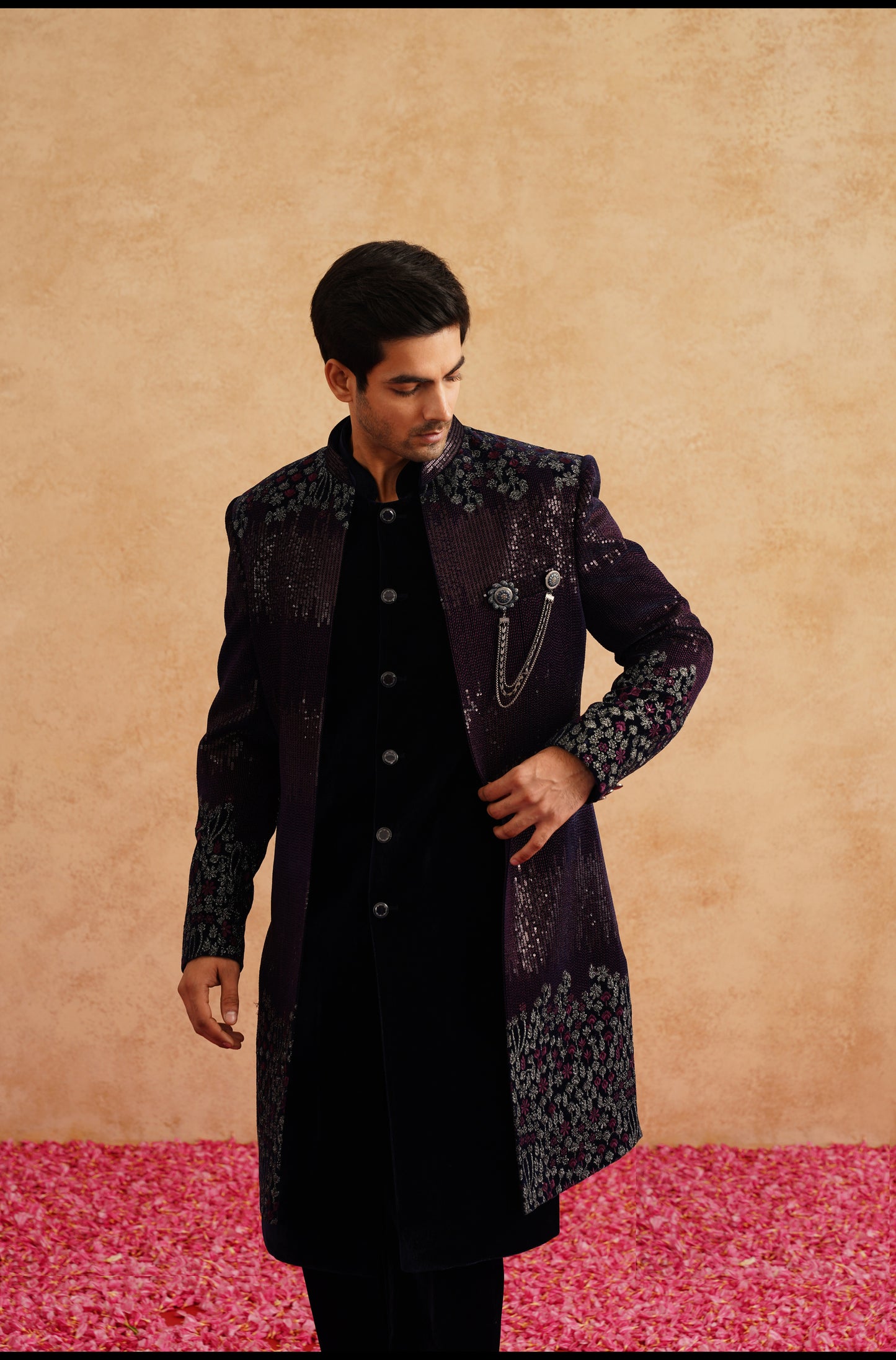 Purple Indowestern With Thread And Sequins Embroidery On Velvet