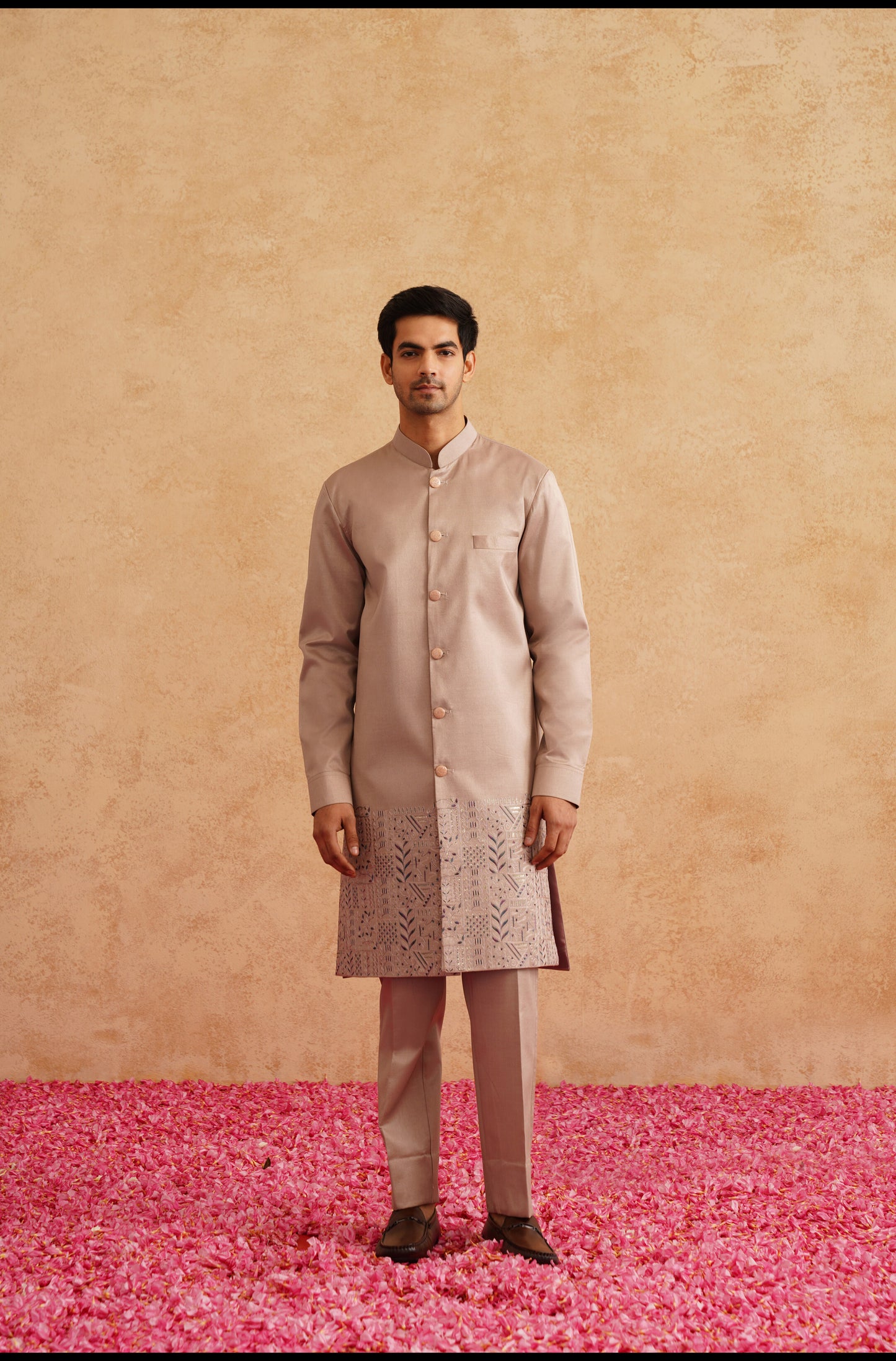 Rose Gold Indowestern With Multi Color Thread And Sequins Embroidery On Silk