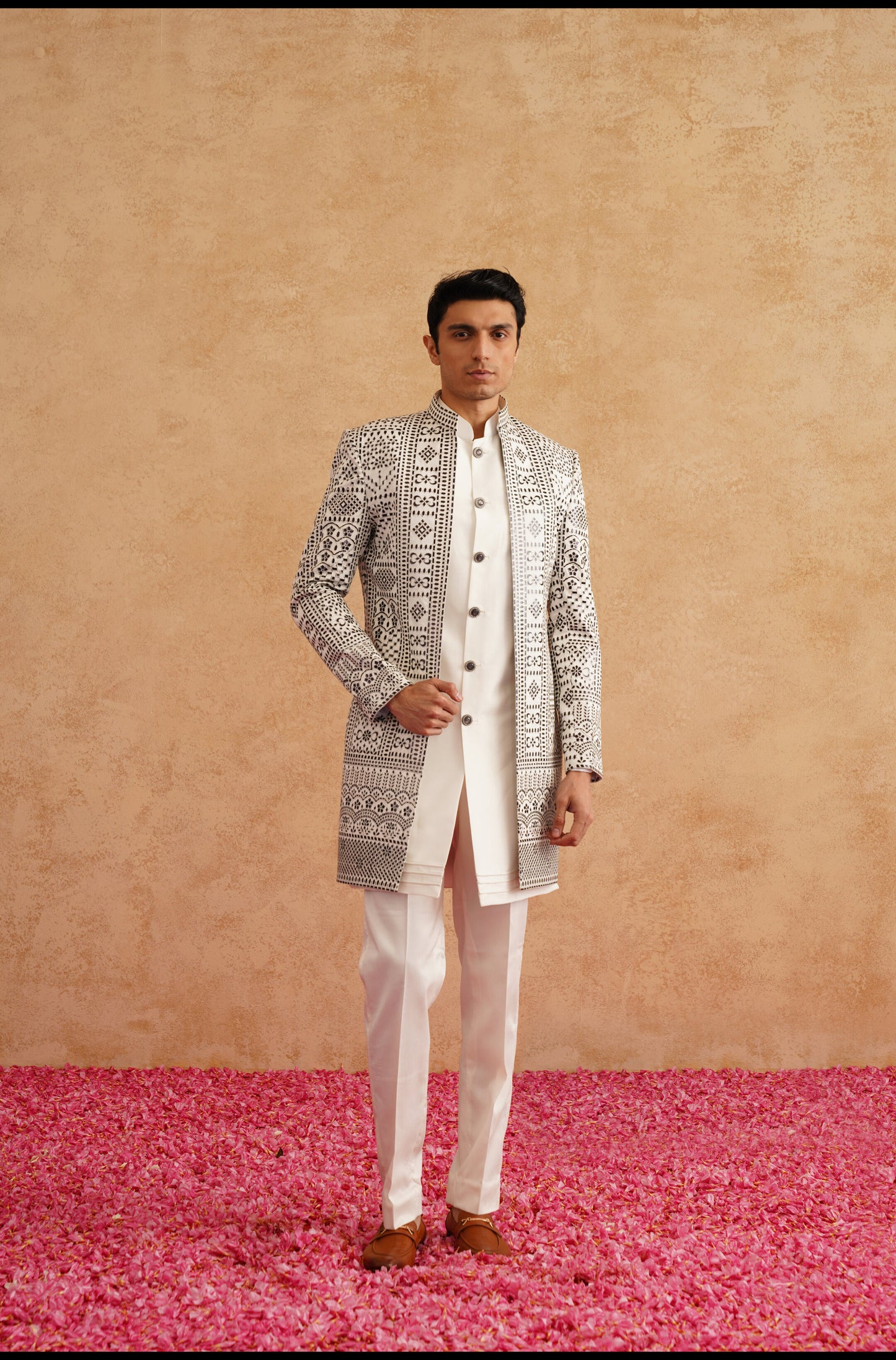 White and Black Indowestern With Thread Embroidery On Silk