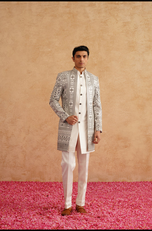 White and Black Indowestern With Thread Embroidery On Silk