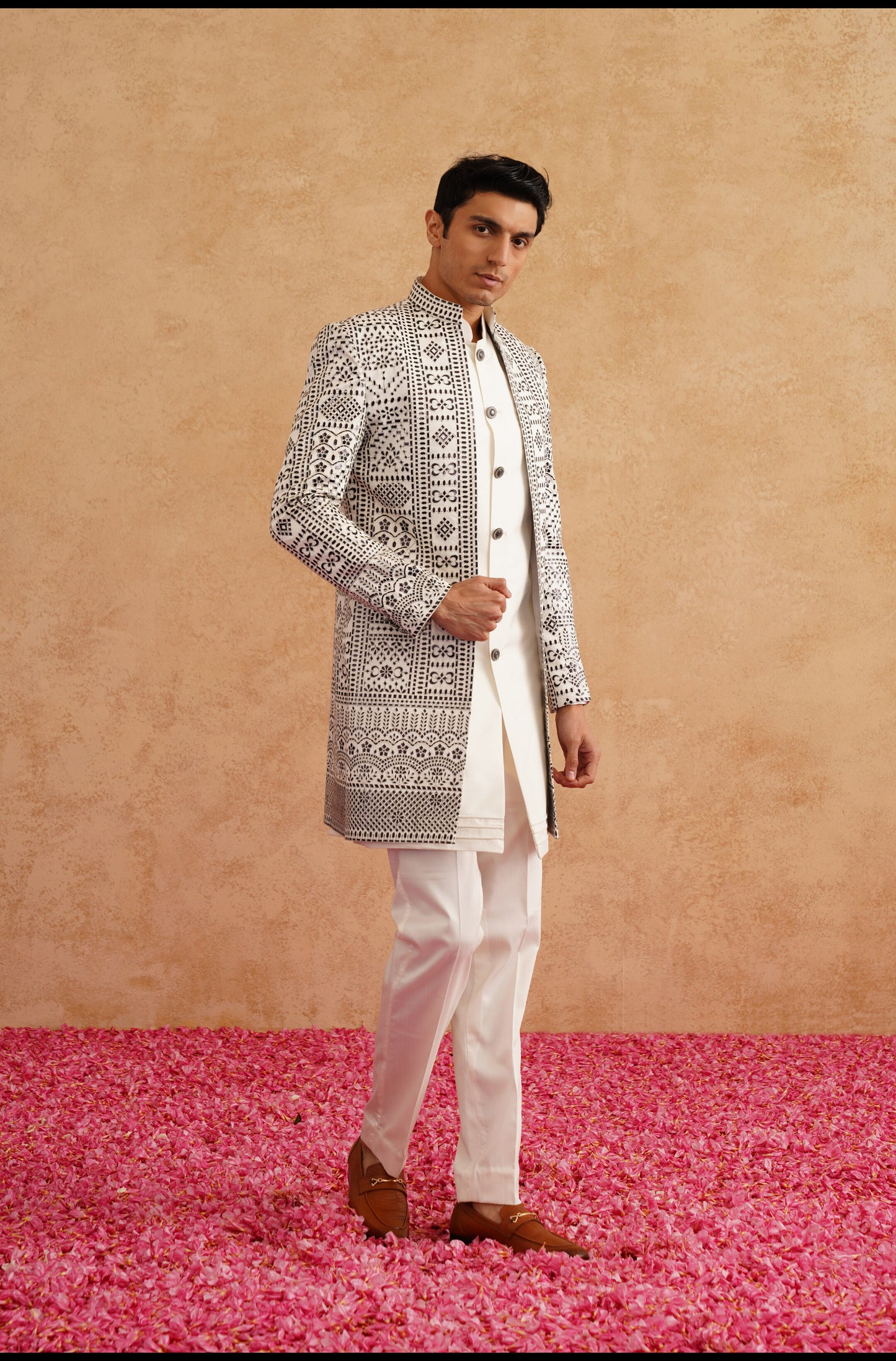 White and Black Indowestern With Thread Embroidery On Silk