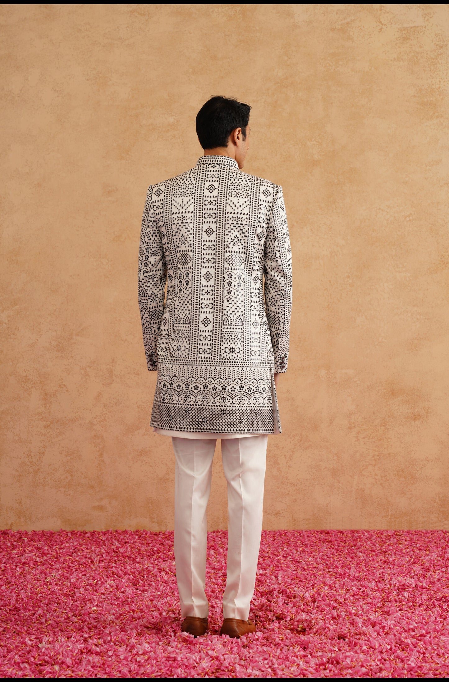 White and Black Indowestern With Thread Embroidery On Silk