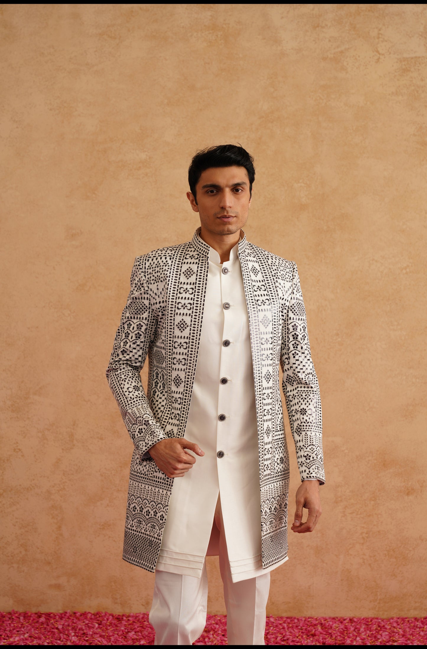 White and Black Indowestern With Thread Embroidery On Silk