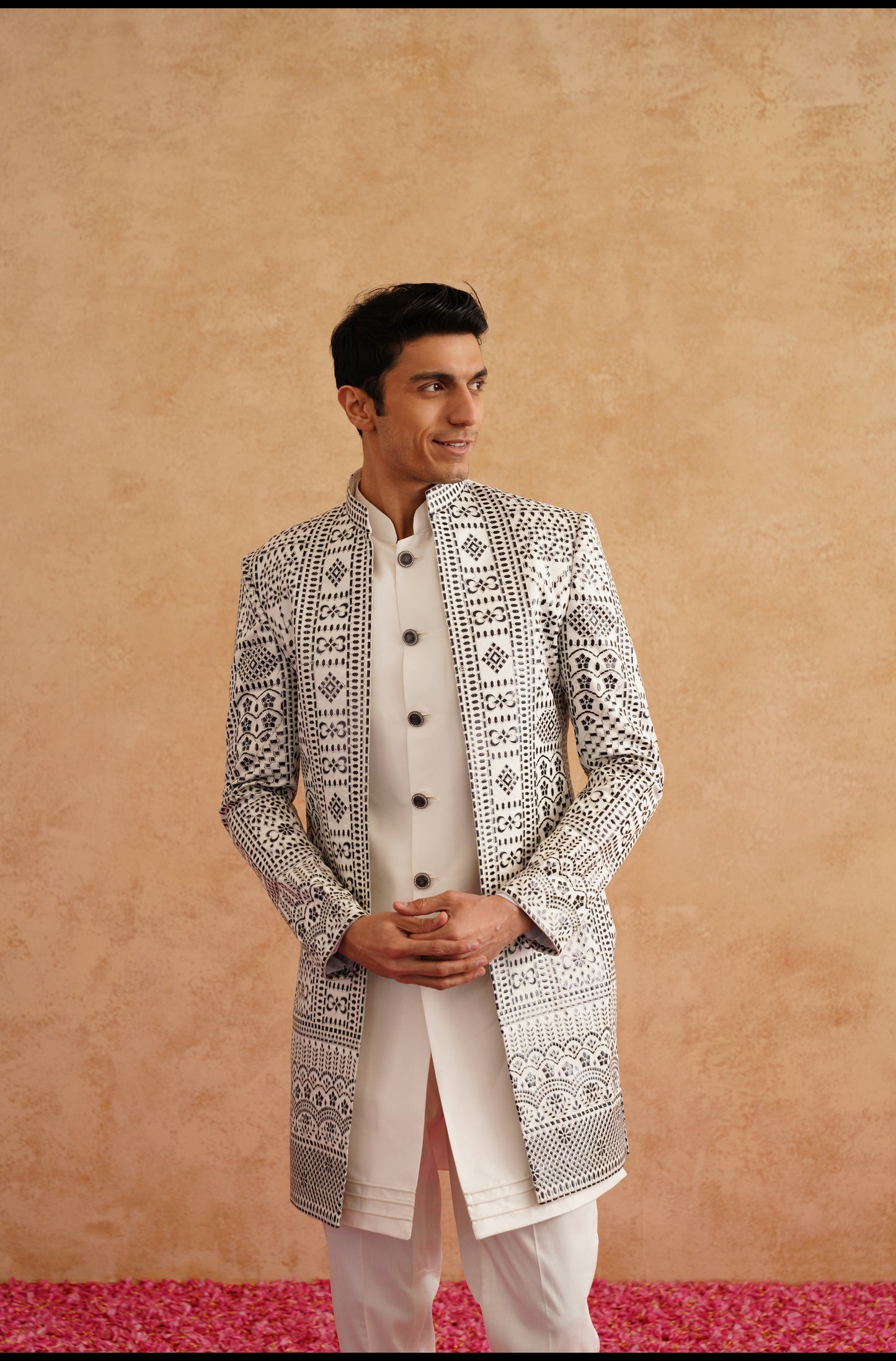 White and Black Indowestern With Thread Embroidery On Silk